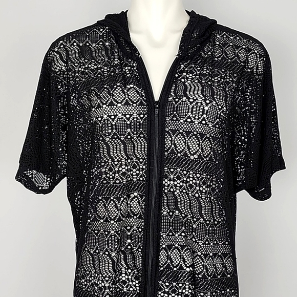 Beach Pool Cover-Up  Black Crochet Dress Hoodie Full Zip Up Short Sleeves Sz S/M - Picture 4 of 12